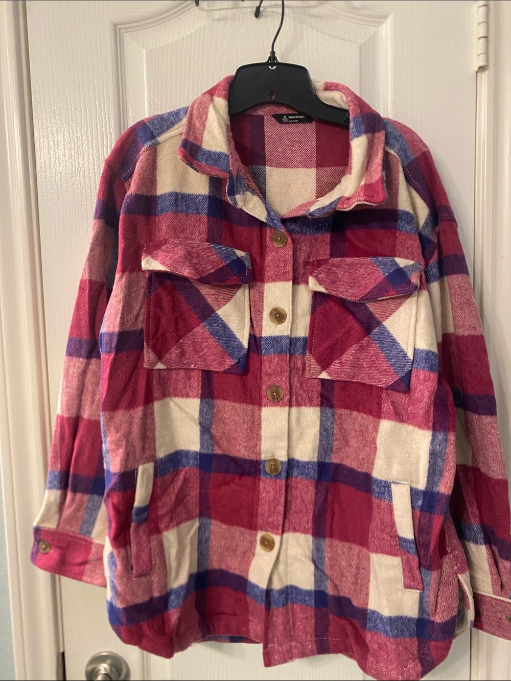 Women’s Pink and Purple Plaid Utility Jacket with Button Front